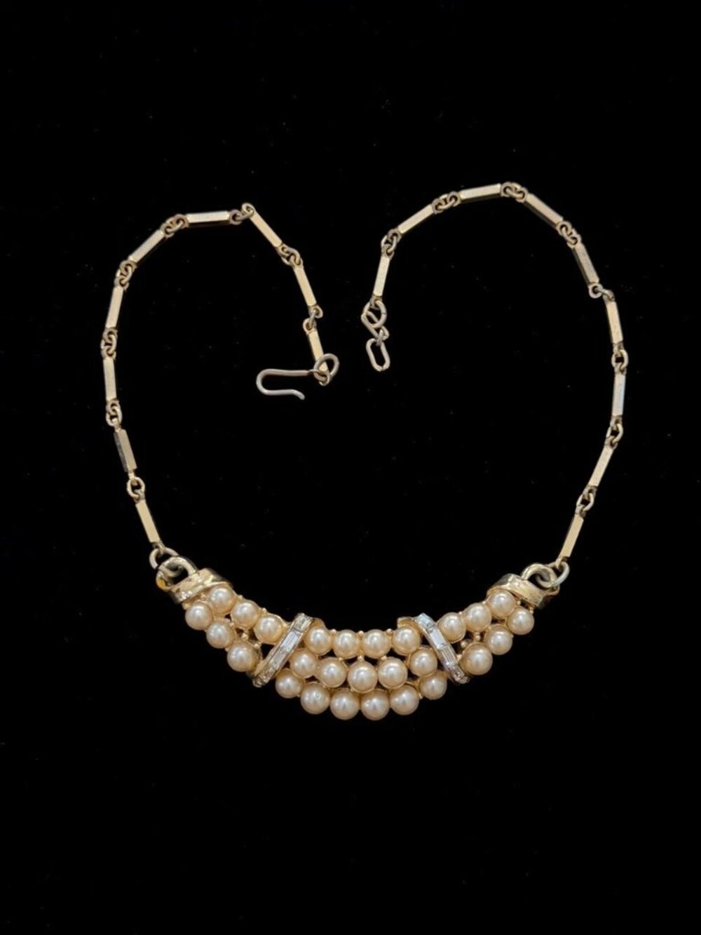 Vintage Coro Signed Pearl Moon Necklace White Rhinestone
